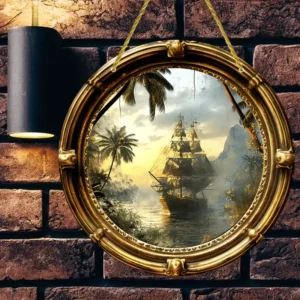 Golden Voyage – Klassisches Nautikgemälde im runden Goldrahmen